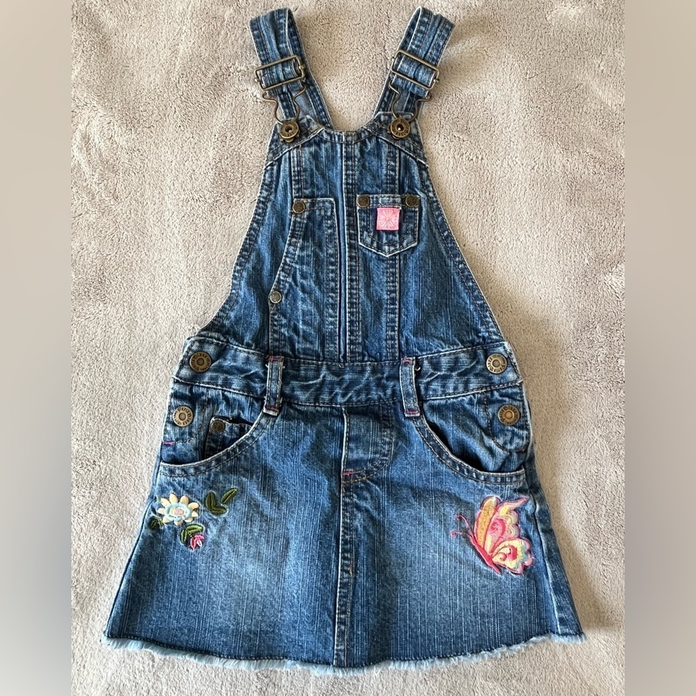 Paris Blues Boho Denim Butterfly Floral Embroidered Overall Skirt Sz  2T Raw Hem